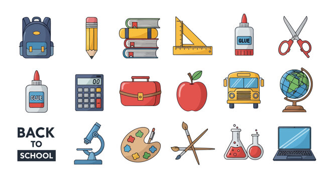 Pixel Art School Supplies Collection: Backpack, Books, Bus, Apple, Globe, Laptop, & More