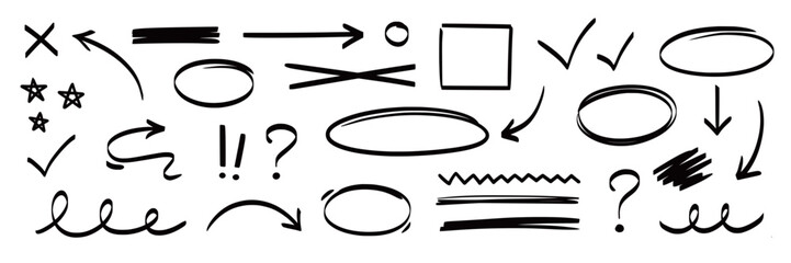 Arrow, highlight, oval marker pen set. Arrow line marker hand drawn pencil stroke sketch circle underline. Doodle check cross curve oval round icon sign texture rough. Vector illustration © Polina Tomtosova