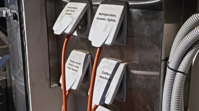 Close-up of labelled power outlets on a mobile cafe cart, with cables supplying electricity to coffee machine and appliances in an outdoor setup.