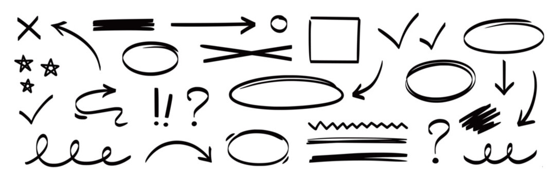 Arrow, highlight, oval marker pen set. Arrow line marker hand drawn pencil stroke sketch circle underline. Doodle check cross curve oval round icon sign texture rough. Vector illustration