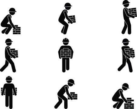 Ilustra&ccedil;&atilde;o de trabalhadores da constru&ccedil;&atilde;o civil carregando e empilhando tijolos, mostrando diferentes posturas de trabalho.