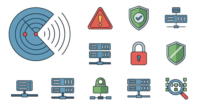 Cybersecurity Icons: Radar, Shield, Server, Lock, Warning, Network