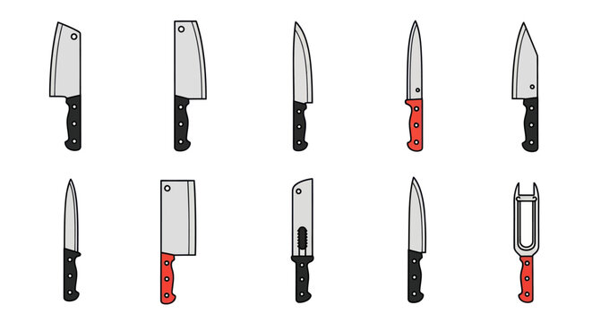 Collection of Kitchen Knives and Utensils - Vector Illustration