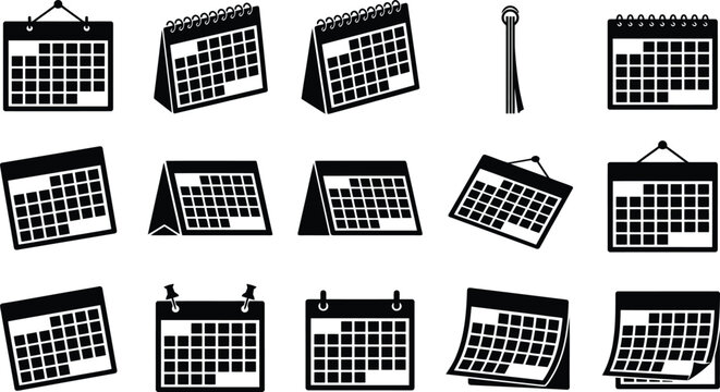 Vielf&auml;ltige Schwarz-Wei&szlig;-Kalender-Icons, die verschiedene Darstellungen von Zeitplanung und Organisation zeigen.