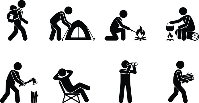 Piktogramme von Menschen, die verschiedene Outdoor- und Campingaktivit&auml;ten aus&uuml;ben.