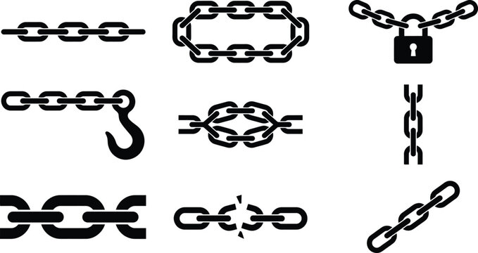 Verschiedene schwarze Kettensymbole und -darstellungen auf wei&szlig;em Hintergrund, einschlie&szlig;lich einer Kette mit Vorh&auml;ngeschloss, einem Haken und einer gebrochenen Kette.