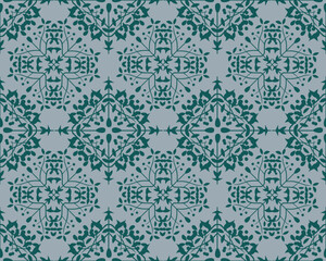 Fototapeta premium Elegant damask vector seamless pattern in deep teal green on a light gray background. The design features intricate floral and leafy motifs combined with flowing ornamental lines arranged.
