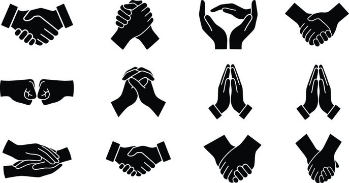 Detaillierte Darstellung verschiedener Handgesten wie Handschlag, Gebet und Fauststo&szlig;, die Zusammenarbeit, Vertrauen und Respekt symbolisieren.