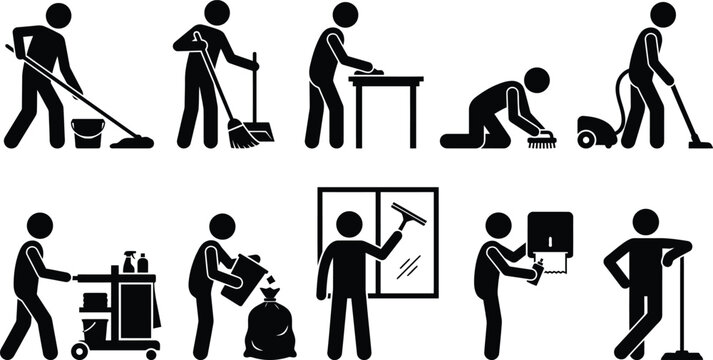 &Iacute;cones de figuras de palito representando v&aacute;rias tarefas de limpeza dom&eacute;stica e profissional, incluindo varrer, esfregar, aspirar, limpar janelas e manusear lixo.