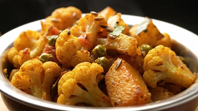Ultra-realistic close-up of aloo gobi cauliflower potato curry in cinematic slow rotation