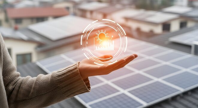Person holding glowing energy concept above solar panels on rooftop