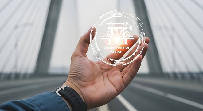 A hand holding a glowing scale icon on a bridge with a blurred background