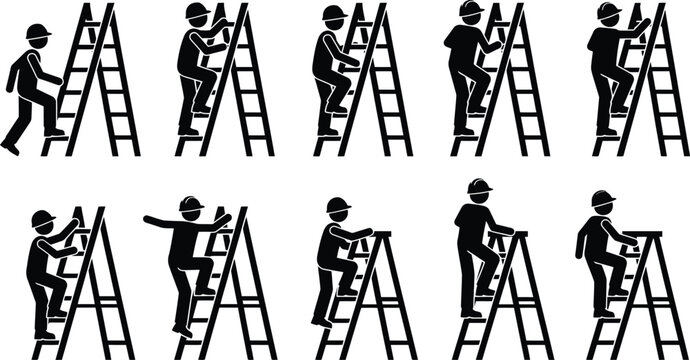 Ilustra&ccedil;&otilde;es de figuras de palito subindo e descendo escadas, representando trabalho, progresso e seguran&ccedil;a.