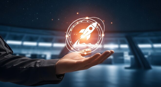A hand holds a glowing rocket icon in a futuristic indoor setting.