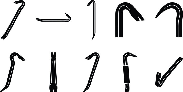 Eine Sammlung von zehn verschiedenen Brechstangen und Kuhf&uuml;&szlig;en in schwarzen Silhouetten, die verschiedene Formen und Gr&ouml;&szlig;en zeigen.