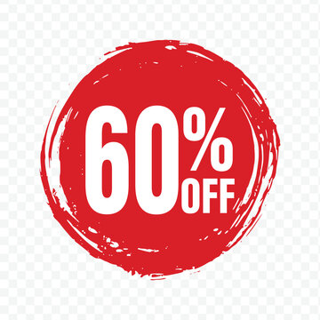 Circular red sixty percent off grunge label for major price cuts and inventory clearance events