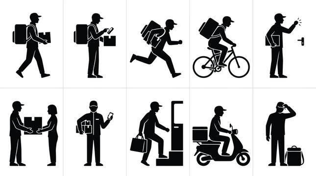 Silhouetten von Lieferboten bei verschiedenen T&auml;tigkeiten und Transportmitteln, die Pakete zustellen.