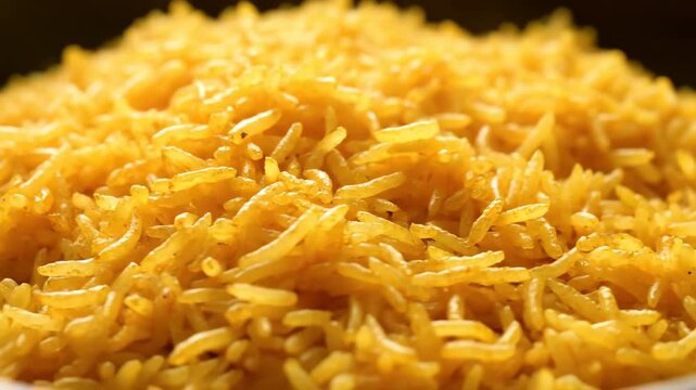Cinematic macro close-up of south indian ghee rice with golden aromatic grains