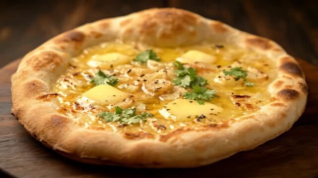 Ultra-realistic close-up of garlic naan flatbread with butter and fresh herbs
