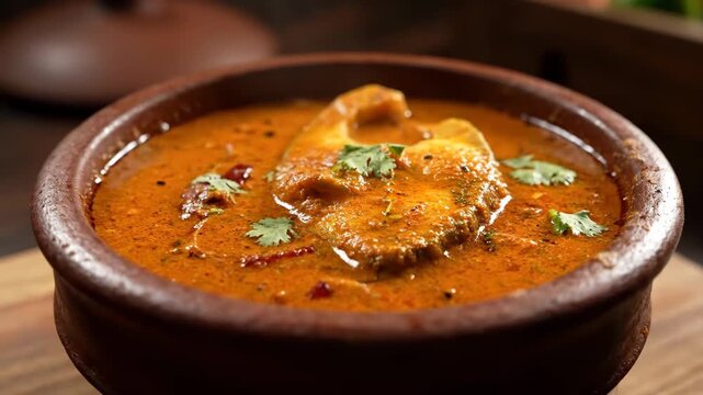 Ultra-realistic cinematic close-up of goan fish curry with coconut and red spices