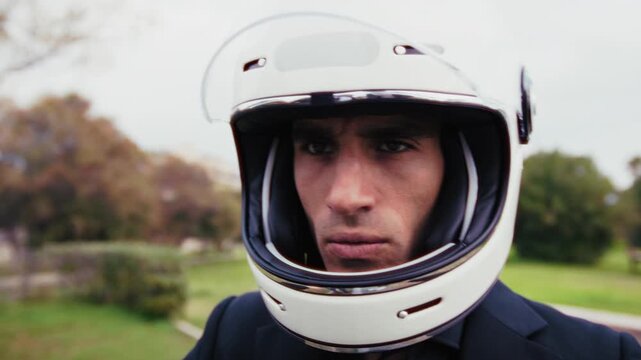 Angry Biker With Elmet On Imagine To Be On A Bike 