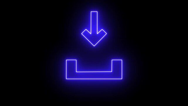 Glowing blue neon download arrow icon on a black background