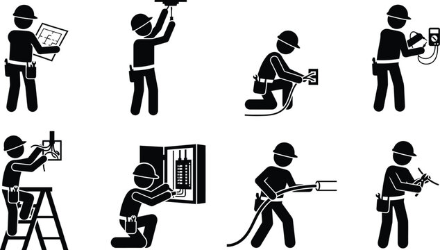 Eletricistas em diversas tarefas de instala&ccedil;&atilde;o e manuten&ccedil;&atilde;o el&eacute;trica, usando ferramentas e equipamentos de seguran&ccedil;a.