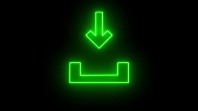 A glowing neon green download arrow icon on a black background