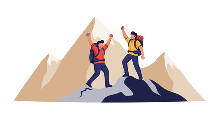 Fototapeta premium Two hikers celebrating on a mountain peak with backpacks and raised arms in triumph