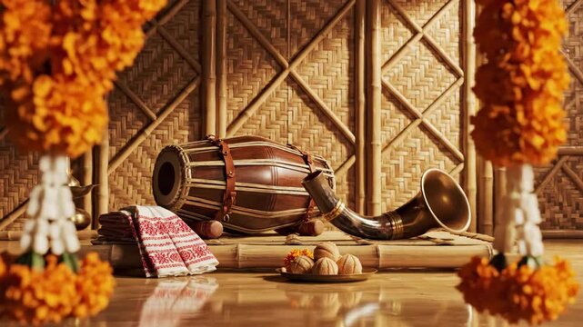 Warmly lit still life of assamese bihu instruments and offerings for rongali bohag bihu.