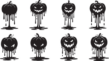 Naklejka premium Halloween pumpkins with dripping black paint and spooky faces