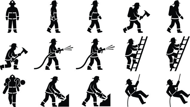 Silhuetas de bombeiros em diversas a&ccedil;&otilde;es e poses, incluindo resgate, combate a inc&ecirc;ndios e escalada.