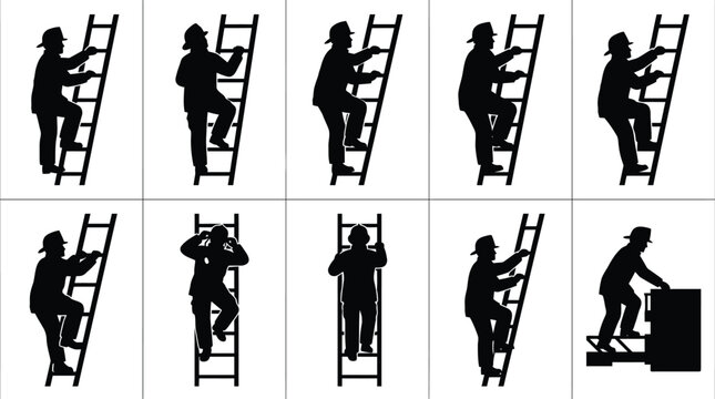 Silhuetas de pessoas subindo escadas e degraus em v&aacute;rias posi&ccedil;&otilde;es, representando esfor&ccedil;o e progresso.
