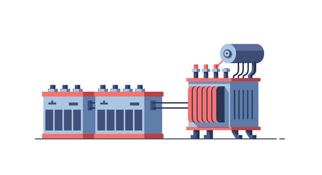Flat vector illustration of electrical substation transformer and distribution equipment.