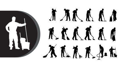 Fototapeta premium A collection of silhouetted janitor illustrations in various cleaning poses and actions on a white background