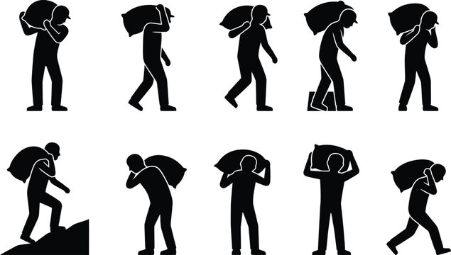 Silhuetas de pessoas carregando sacos pesados em diferentes posi&ccedil;&otilde;es, representando trabalho manual e esfor&ccedil;o f&iacute;sico.