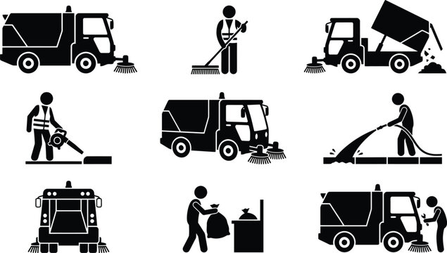 Ilustra&ccedil;&otilde;es de ve&iacute;culos e trabalhadores de limpeza urbana e coleta de lixo.
