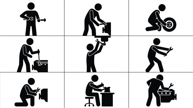 Figuras de palito ilustram diversas tarefas de manuten&ccedil;&atilde;o e reparo mec&acirc;nico com ferramentas.