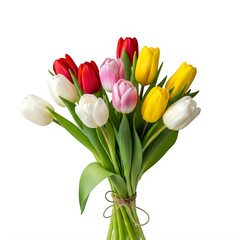 Obraz premium A bouquet of colorful tulips tied with twine isolated on white background