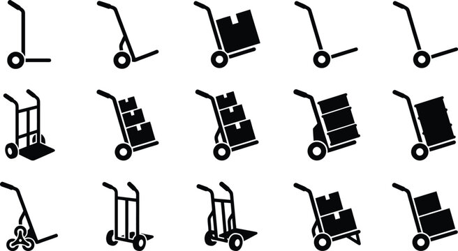 &Iacute;cones vetoriais de carrinhos de m&atilde;o e plataformas de transporte, alguns vazios e outros carregados com caixas, para log&iacute;stica e movimenta&ccedil;&atilde;o de carga.