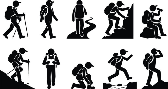 Silhuetas de pessoas praticando caminhada, trekking e montanhismo em diversas poses e atividades ao ar livre.