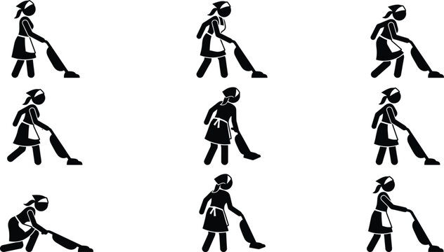 Mulher aspirando o ch&atilde;o em v&aacute;rias posi&ccedil;&otilde;es, ilustrando diferentes movimentos de limpeza dom&eacute;stica.