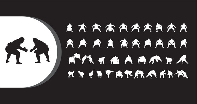 A collection of various wrestling silhouettes in different poses and movements on a black background