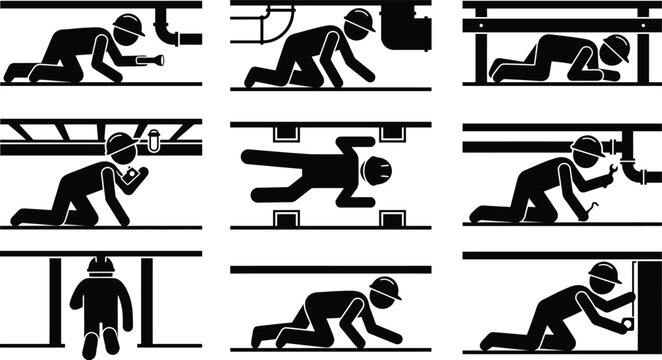 Pessoas trabalhando em espa&ccedil;os confinados, rastejando e inspecionando sob tubula&ccedil;&otilde;es e estruturas, realizando manuten&ccedil;&atilde;o e reparos.