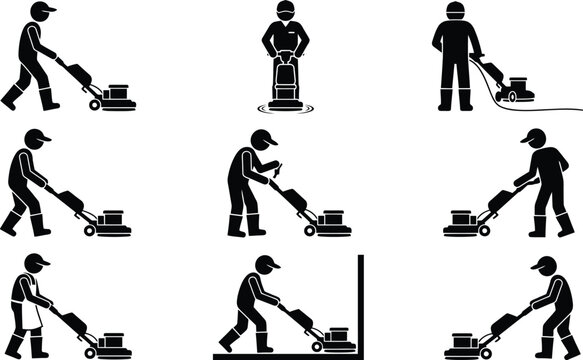Conjunto de pictogramas de trabalhadores usando m&aacute;quinas de limpeza e polimento de pisos em diversas posi&ccedil;&otilde;es.