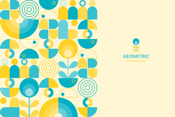 Fototapeta premium Minimal geometric banner with blue and yellow shapes forming abstract people and plants, arranged in a clean mid-century style on a soft beige background.