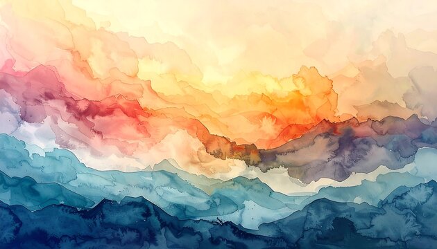 Abstract, watercolor-style artwork showcases layered mountain ranges in hues of blue, purple, orange, and gold. Sky is warm