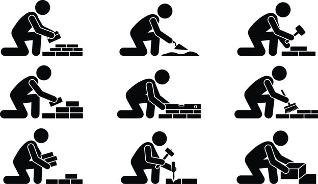 Ilustra&ccedil;&atilde;o detalhada de um pedreiro realizando diferentes tarefas de constru&ccedil;&atilde;o e alvenaria.