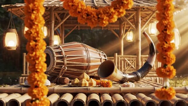 Festive rongali bihu display with traditional assamese instruments and sweets under warm golden light in a bamboo setting.