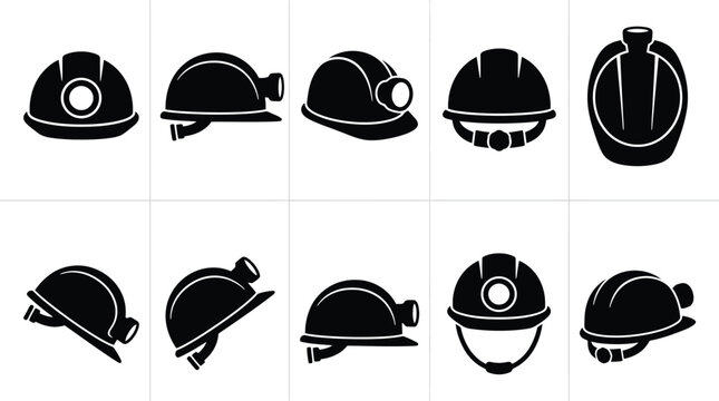 Dez silhuetas pretas de capacetes de seguran&ccedil;a com lanternas frontais, vistos de diferentes &acirc;ngulos.